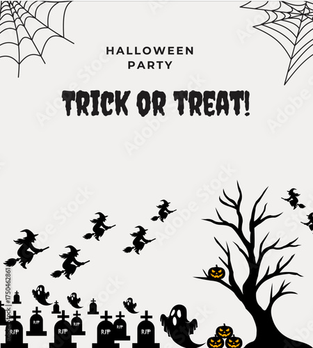Halloween Party Trick or Treat Background with Witches and Spooky Tree