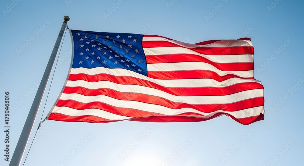 Obraz premium The American flag waves proudly against a clear blue sky on a sunny day.