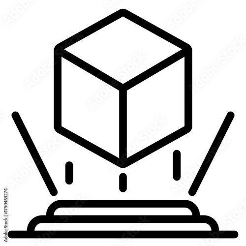 Futuristic hologram cube icon in black and white line art, symbolizing technology, virtual reality, or digital innovation.
