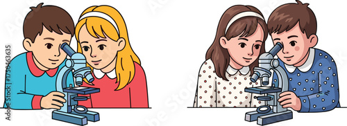 PrintChildren, boy and girl, using microscope, science education, classroom activity, teamwork, STEM learning, biology experiment, curiosity, school, students, diversity, hands-on