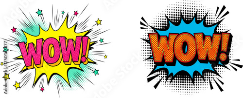 Colorful WOW comic speech bubble set with halftone effect and explosive pop art style isolated on white background