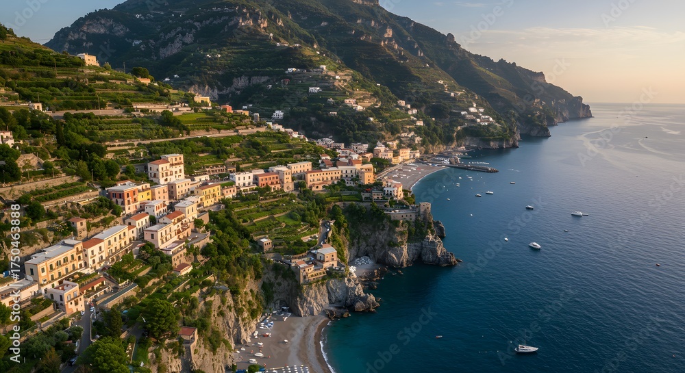 Fototapeta premium Coastal village aerial view