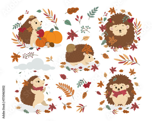 Adorable hedgehogs engaging in autumn activities with seasonal elements like leaves, pumpkins, and rain. Vector illustration capturing the charm of fall with playful and cozy scenes.