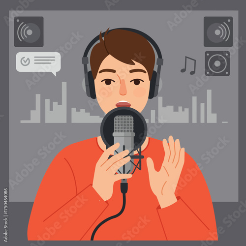 Young man singing into microphone in recording studio with headphones, expressing passion and creativity through music.