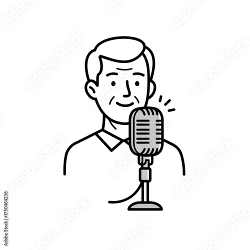 Man speaking into vintage microphone during podcast recording session in studio, expressing himself with enthusiasm and clarity.