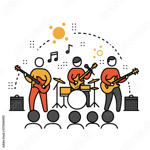 Band performs live music on stage for audience in concert hall with colorful lights and energetic atmosphere.