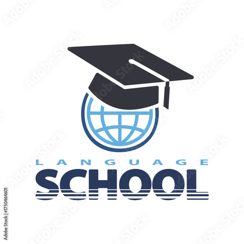 Vector illustration of a language school logo featuring a globe and graduation cap. Represents global education and language learning, emphasizing academic achievement and international reach.
