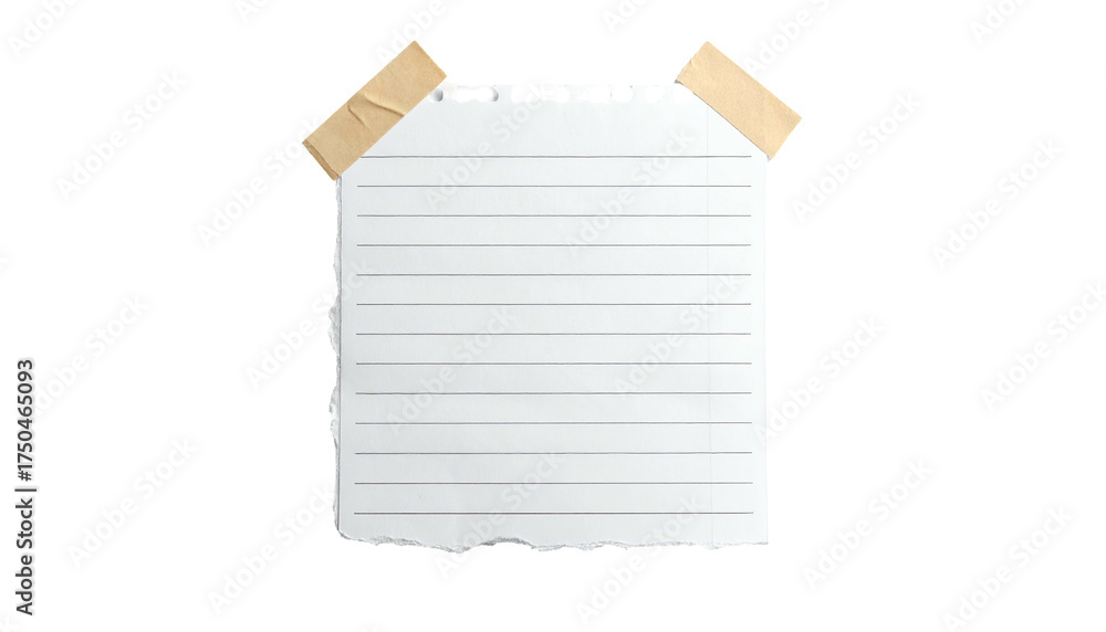 Fototapeta premium Lined paper fragment secured with tape against a black backdrop, awaiting notes