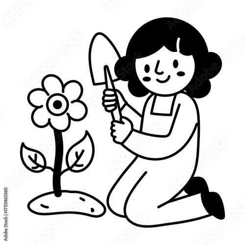 A doodle style icon showing planting flower

