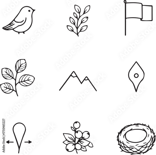 Nature and symbolic icon set vector in black and white with bird, leaf, mountain, pen nib, and location pin
