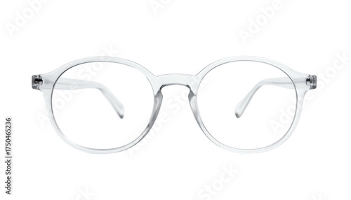 Transparent round-framed eyeglasses with clear lenses, isolated on a black background