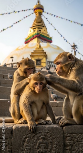 Monkeys Grooming at Swayambhunath Stupa, Kathmandu, Nepal.