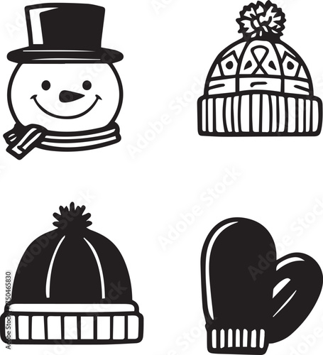 Winter icon set vector in black and white with snowman, hats, and mittens for seasonal festive themes