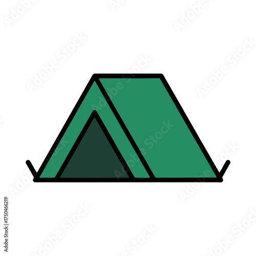 Simple geometric illustration of a green tent with a dark green opening against a solid black background representing outdoor adventure and camping