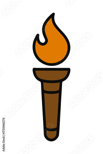 A simple cartoon illustration of a lit torch with a brown handle and a bright orange flame against a black background