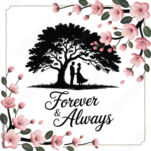 Romantic silhouette of a couple beneath a majestic tree, adorned with delicate cherry blossoms, symbolizing everlasting love and togetherness