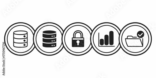 Icons representing database security analytics and file management in a circular outlined design