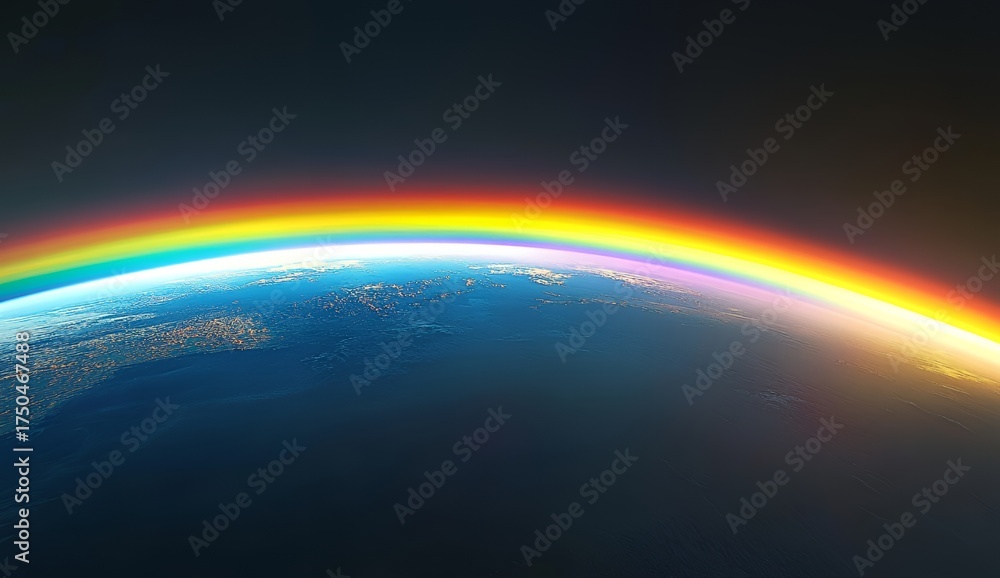 Fototapeta premium Earth From Space: Vibrant Rainbow Arch Over Blue Planet Atmosphere