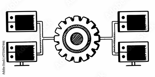 Illustration of four computers connected to a gear wheel in a network configuration setup sketch