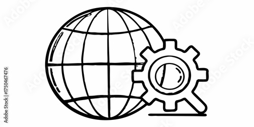 An illustration of a globe with grid lines next to a gear with a circular center design element