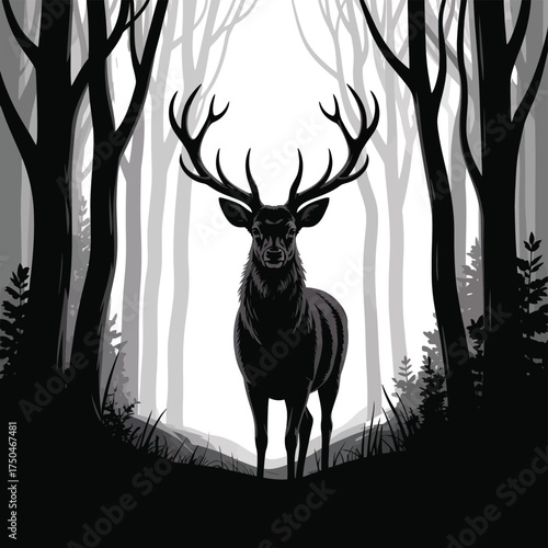 Striking Vector Art Illustration of a Majestic Stag in a Stark Forest Silhouetted Landscape
