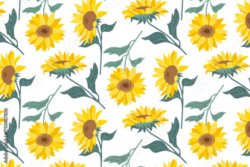 Sunflower vector illustration featuring a seamless pattern of vibrant yellow sunflowers with green leaves on a white background. Ideal for textile designs, wallpapers, and decorations.