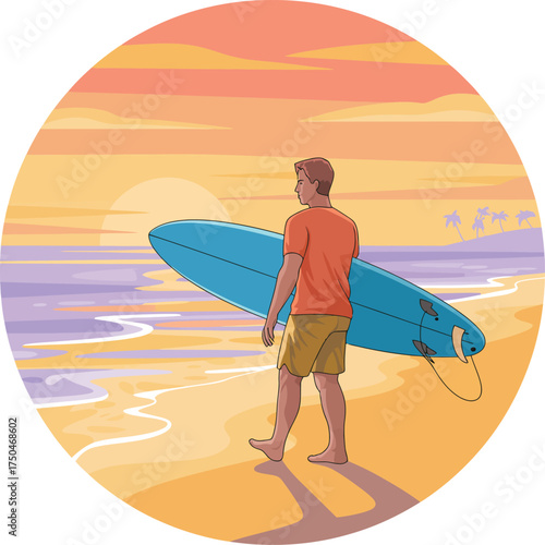 A vibrant cartoon vector of a surfer walking on the sand at sunset
