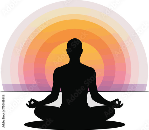 Silhouette of person meditating in lotus pose with vibrant sunburst background
