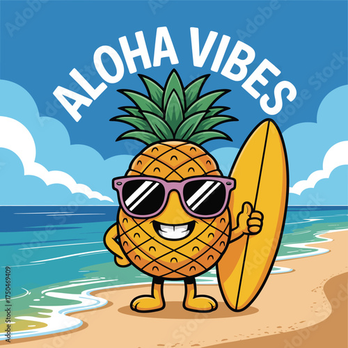 Aloha Vibes Cartoon Pineapple Surfer Enjoying the Beach & Tropical Vacation