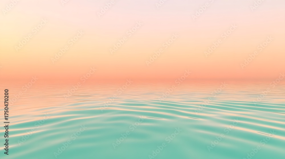 Naklejka premium A tranquil lagoon at dawn with soft peach sky and teal water ripples 