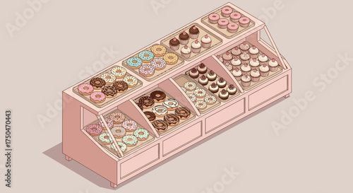 Isometric Donut Display Case with Assorted Flavors and Toppings.