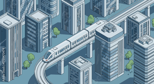 Modern Elevated Train System Navigating Through Urban Cityscape.