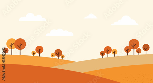 Flat design autumn landscape with rolling hills and trees