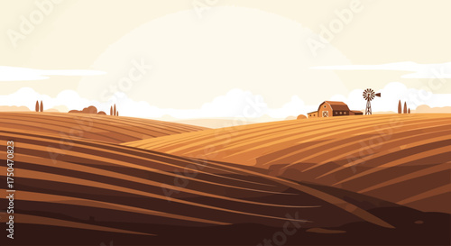 Vector illustration of a rural farm landscape with rolling hills and a barn at sunset