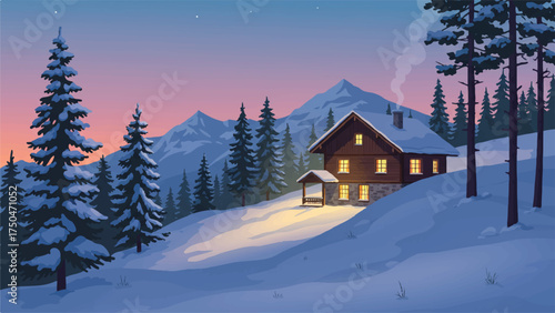 Illustration of a cozy cabin with lit windows nestled among snow-covered trees on a hill against a mountainous winter landscape at dusk.