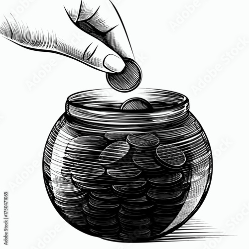 Hand putting a coin into a jar in black and white style for Giving Tuesday
