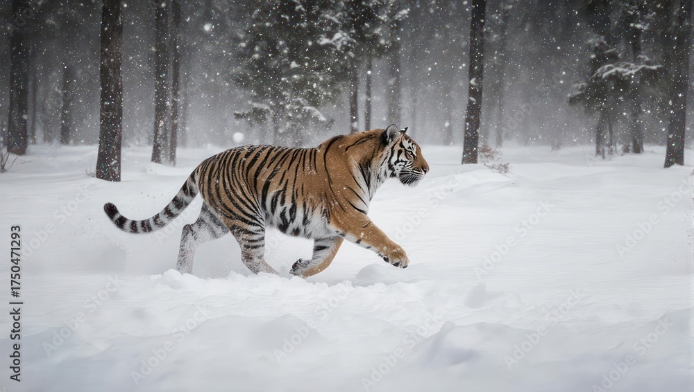 Obraz premium Majestic tiger strides through snowy forest, snowflakes falling, winter scene