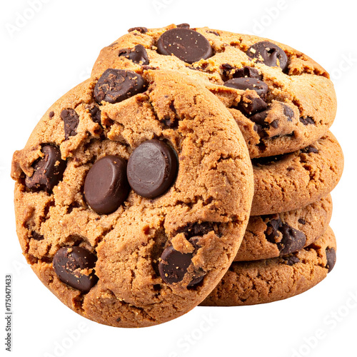 Stack of golden brown cookies with various sized chocolate chips, isolated on white