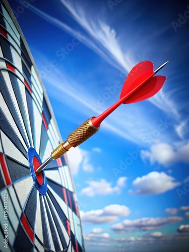 Target hit in bullseye of dartboard with blue sky background and red arrow pointing towards target