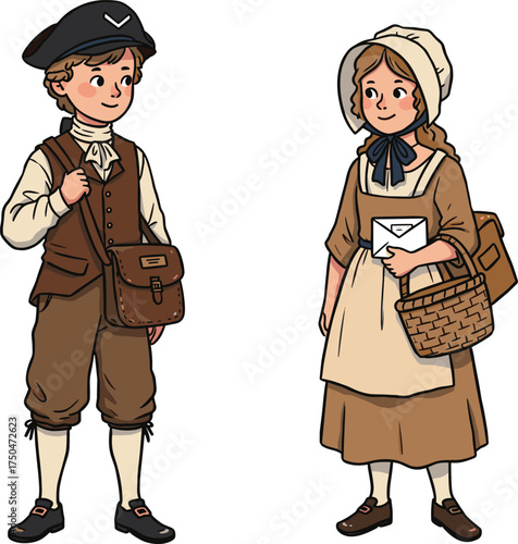 PrintColonial children vector, historical costume illustration, 18th century kids, vintage attire, bonnet and tricorn hat, educational cartoon, American history art