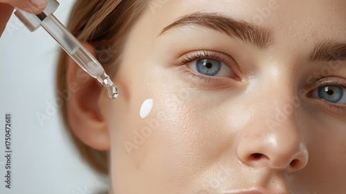 Close up of a woman applying hydrating serum with a glass dropper to the delicate under eye area, highlighting smooth skin texture, skincare routine details, and clean beauty aesthetics for cosmetic u
