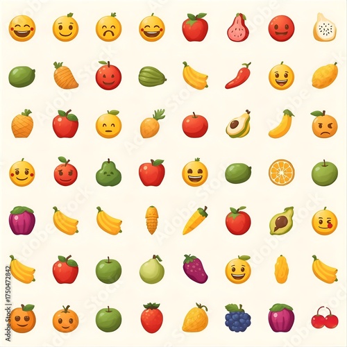 Food and fruit vector emoji illustration. Food and beverages, fruits symbols, emojis, emoticons, stickers, icons Vegetables, cakes, vector illustration flat icons set, collection. Vector illustration