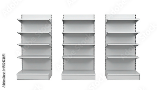 Three identical, empty, white shelves standing side-by-side against a black background