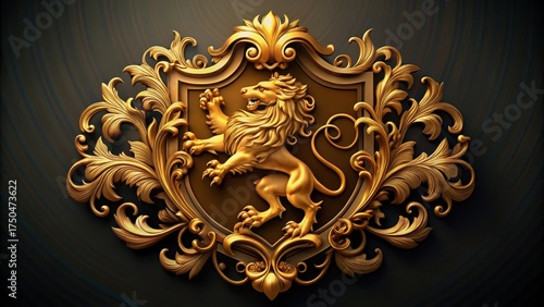 Majestic lion rampant on a golden crest with intricate filigree and ornate details