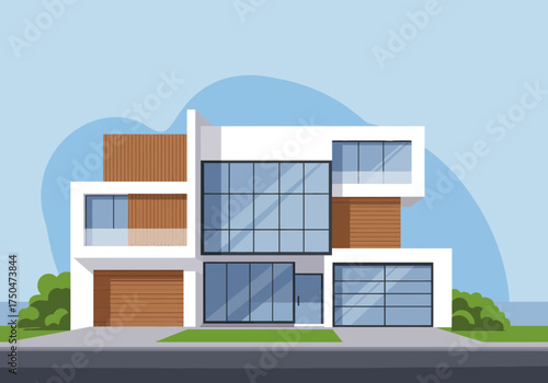 Modern White House with Wood Accents and Large Windows.
