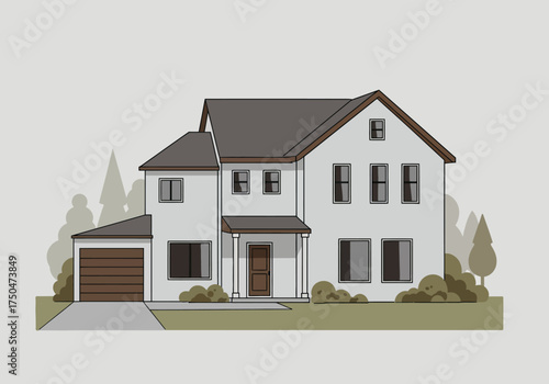 Two-Story House with Garage and Brown Trim Illustration.