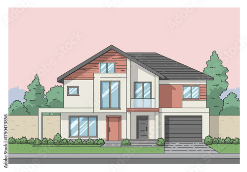 Modern Two-Story House with Garage and Landscaped Yard Illustration.