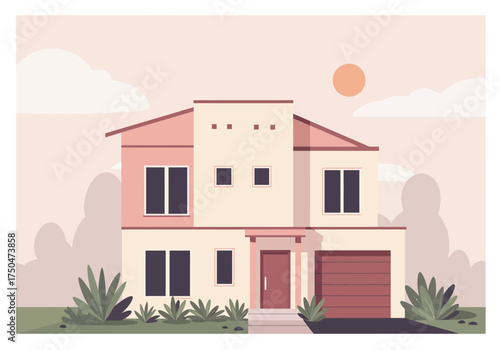 Modern Two-Story House with Garage and Landscaping in Soft Colors.