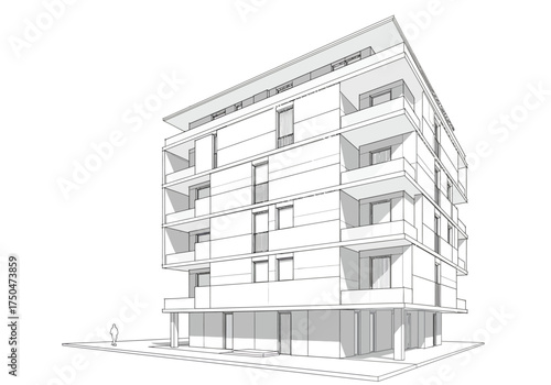 Architectural Sketch of a Modern Apartment Building with Balconies.