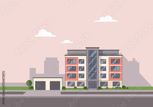 Modern Apartment Building with Garage and Cityscape Backdrop.